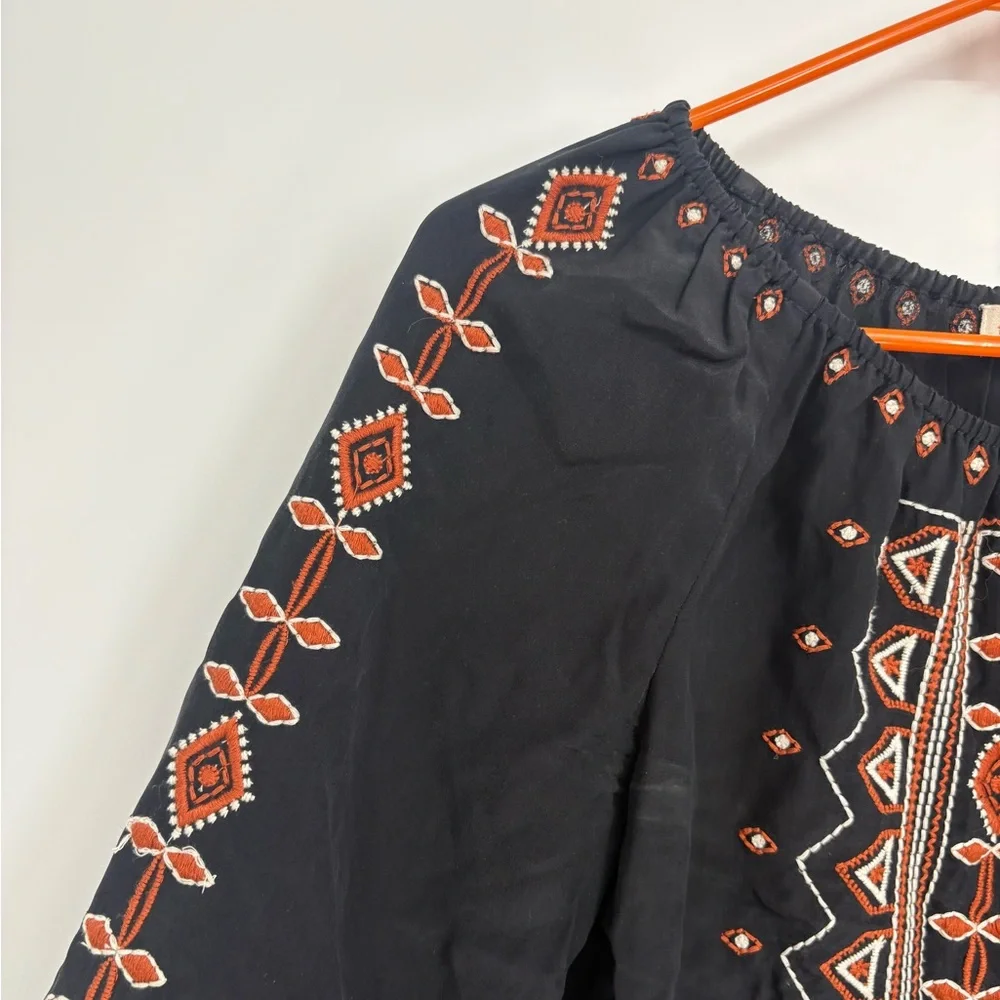 Tory Burch Jessie Black Silk Blouse with Orange Embroidery